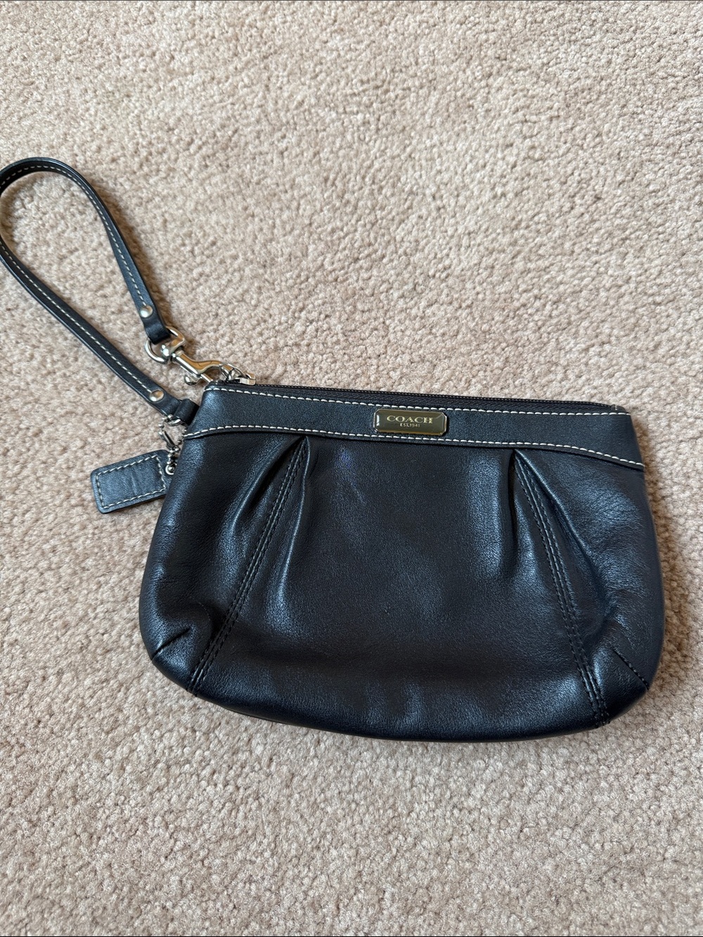 Coach Black Leather Wristlet with Gold Plaque and Strap